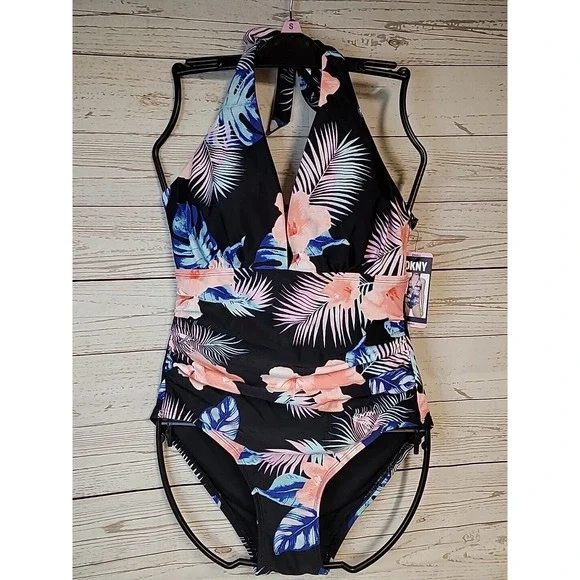 NWT DKNY Small Tropical Floral‎ One Piece Tummy Control Halter Neckline Swimsuit - Picture 2 of 8